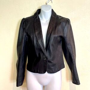 Vintage 1980’s black leather tuxedo style jacket with puffed sleeves size small